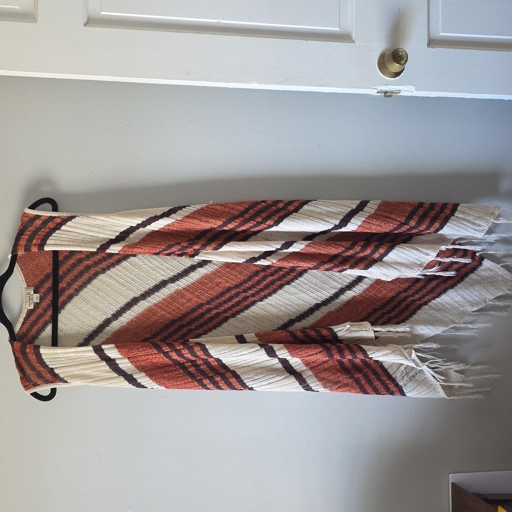 ONE WORLD Bohemian Rust and Cream Striped Fringe Long Vest Shawl Sleeveless